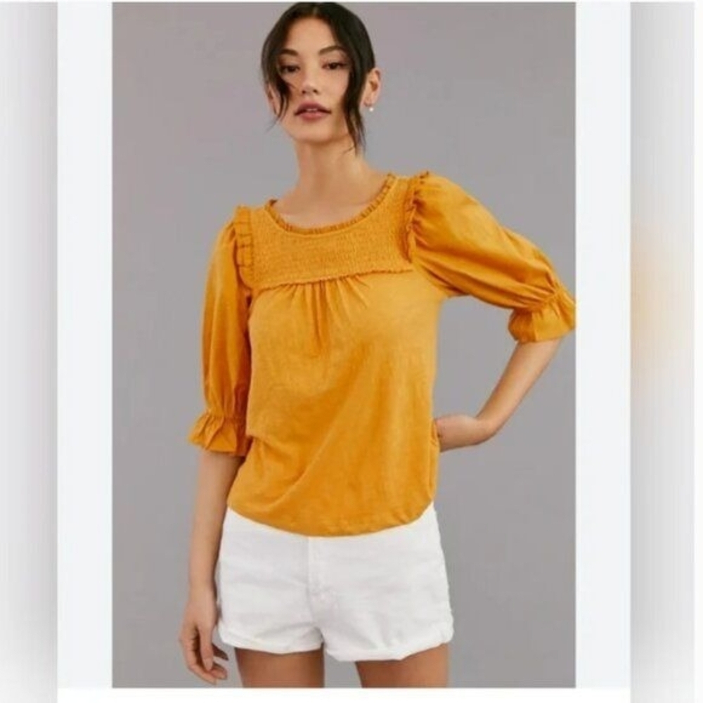Anthropologie Mustard Ruffle Smocked Puff Sleeve Blouse